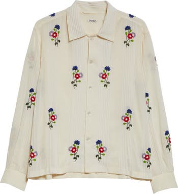 Beaded Wildflower Long Sleeve Cotton Button-Up Shirt