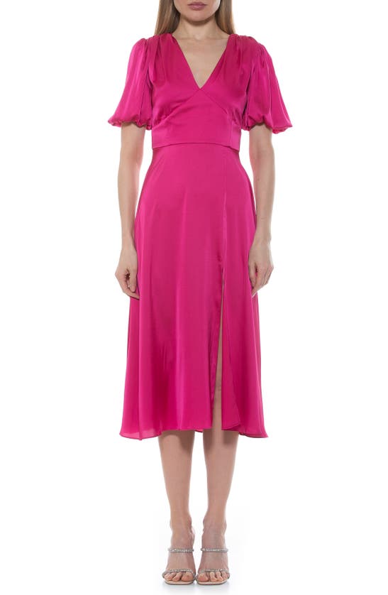 Alexia Admor V-neck Puff Sleeve Midi Dress In Hot Pink