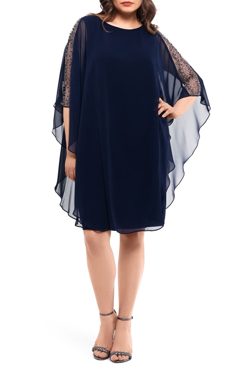 Xscape Chiffon Overlay Beaded Sleeve Cocktail Dress (Plus Size) | Nordstrom