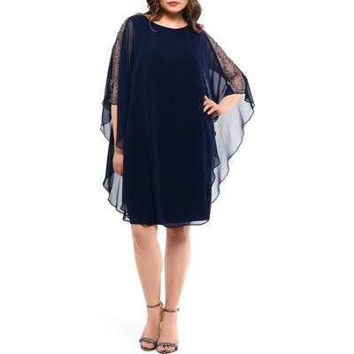 Plus Size Xscape Chiffon Overlay Beaded Sleeve Cocktail Dress