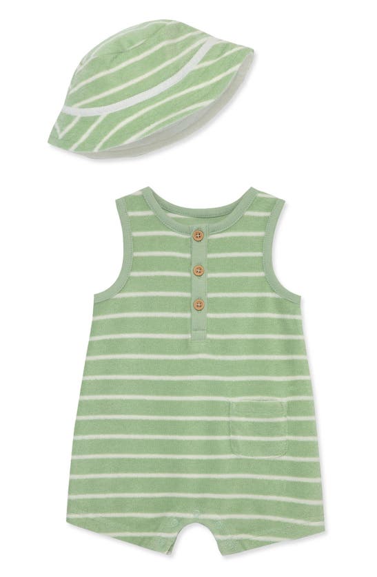 Shop Little Me Stripe Romper & Hat Set In Green