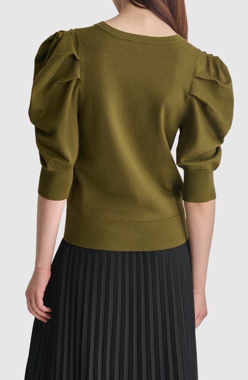 Shop Dkny Puff Sleeve V-neck Sweater In Dark Olive