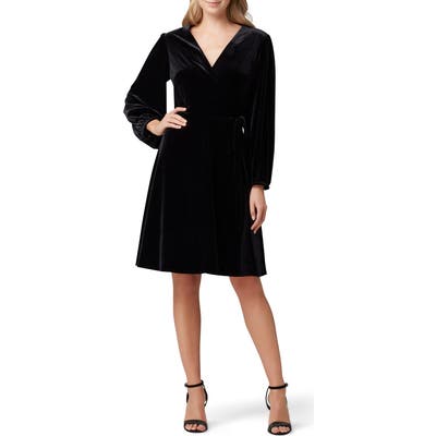 Tahari Velvet Long Sleeve Faux Wrap Dress, Black