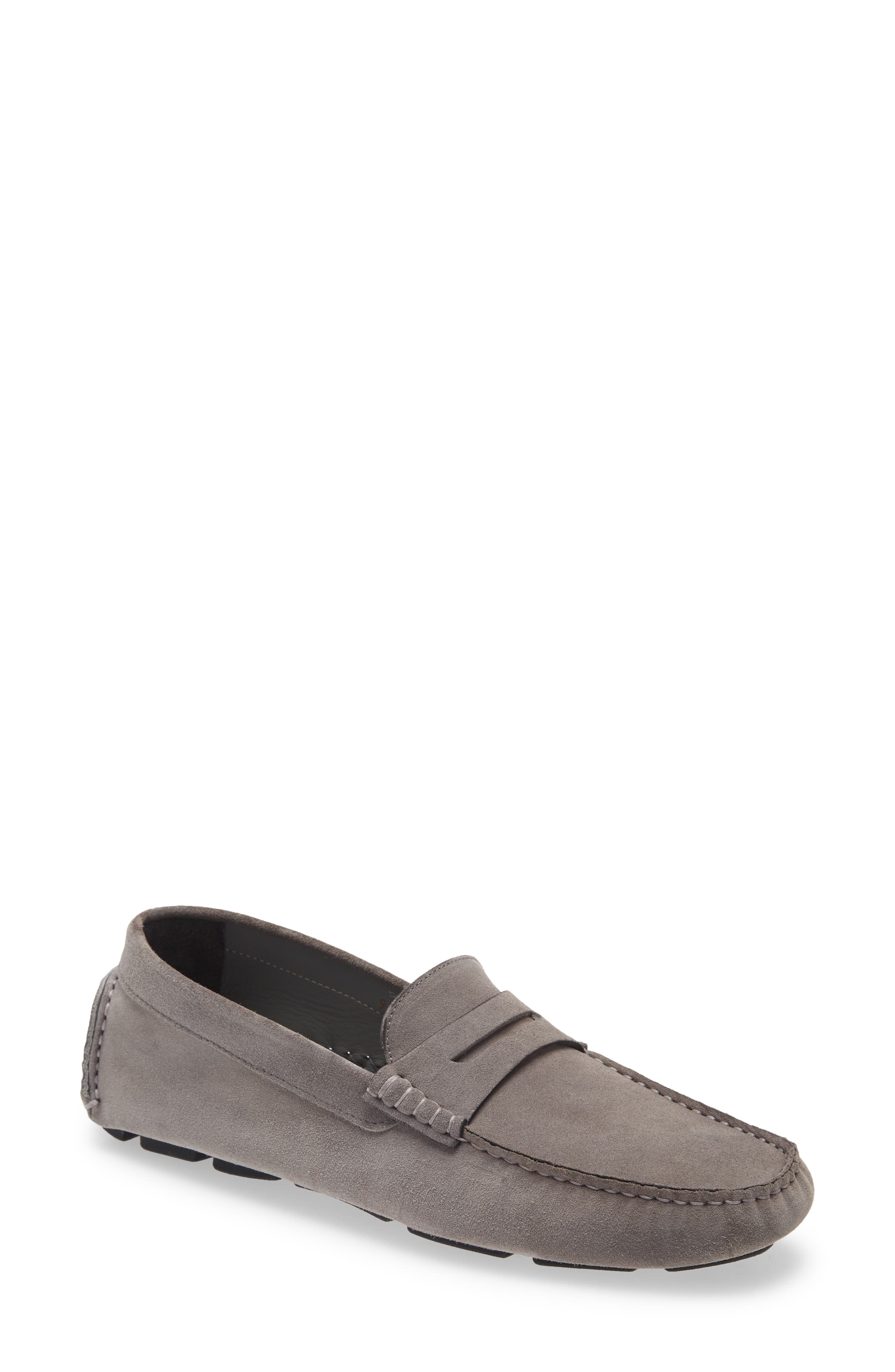 gray penny loafers