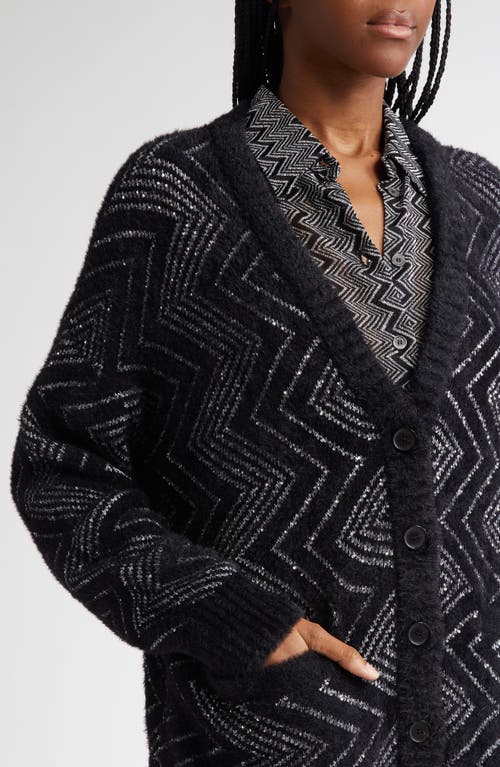 Shop Missoni Oversize Sequin Embellished Zigzag Cardigan In Base Black And Zigzag White