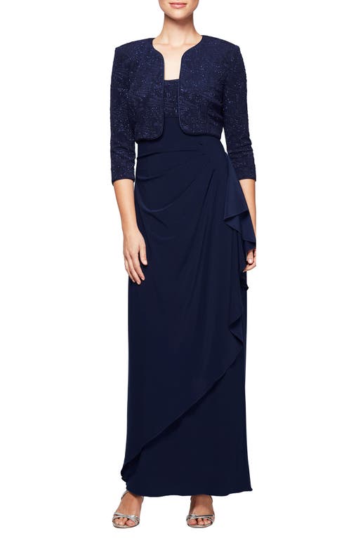 Alex Evenings Draped Column Gown with Bolero Jacket Navy at Nordstrom,