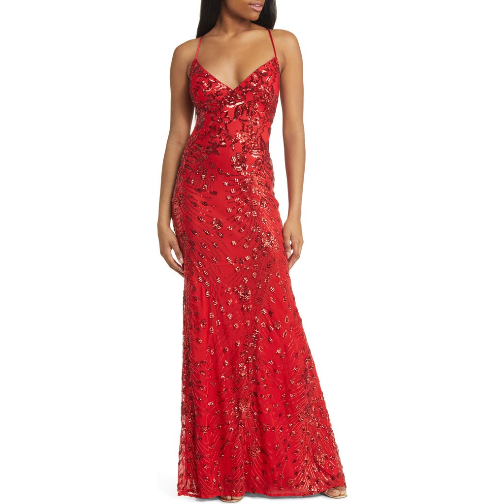 Lulus Photo Finish Sequin High-low Maxi Dress In Red/shiny Red