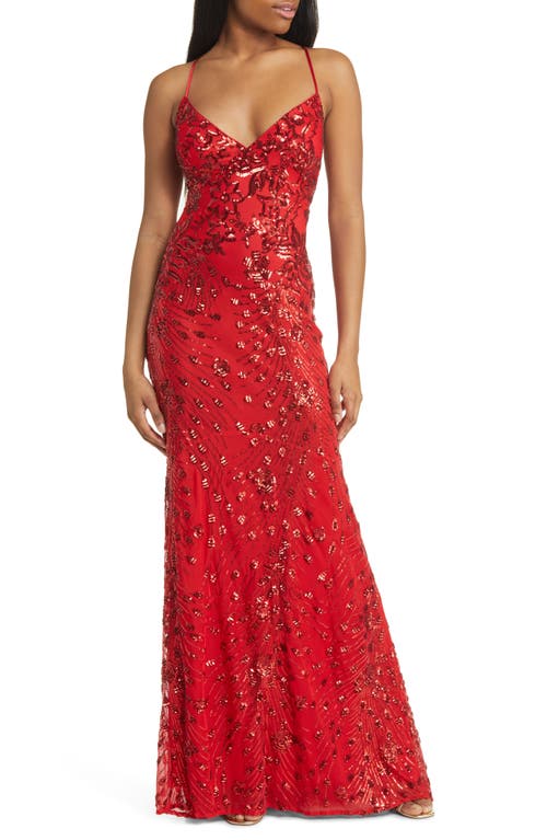 Photo Finish Sequin High-Low Maxi Dress in Red/Shiny Red