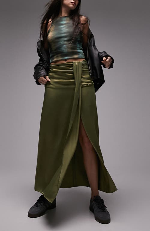 Ruched Front Vent Satin Maxi Skirt in Light Green