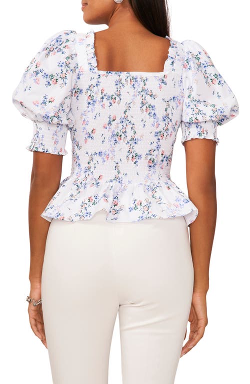 Shop Chaus Puff Sleeve Smocked Peplum Top In White/pink/blue