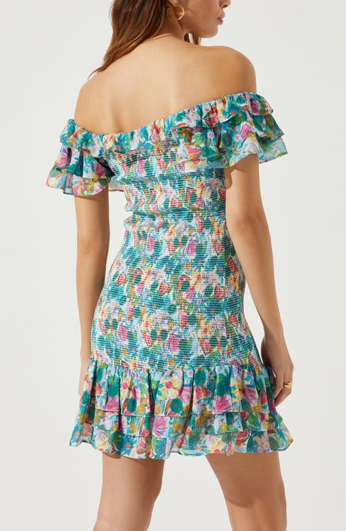 Shop Astr The Label Floral Flutter Sleeve Smocked Dress In Blue Pink Multi
