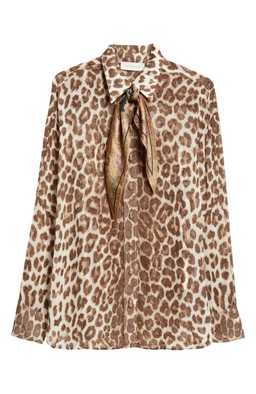 Shop Zimmermann Illustration Leopard Print Scarf Detail Button-up Shirt In Chocolate Leopard