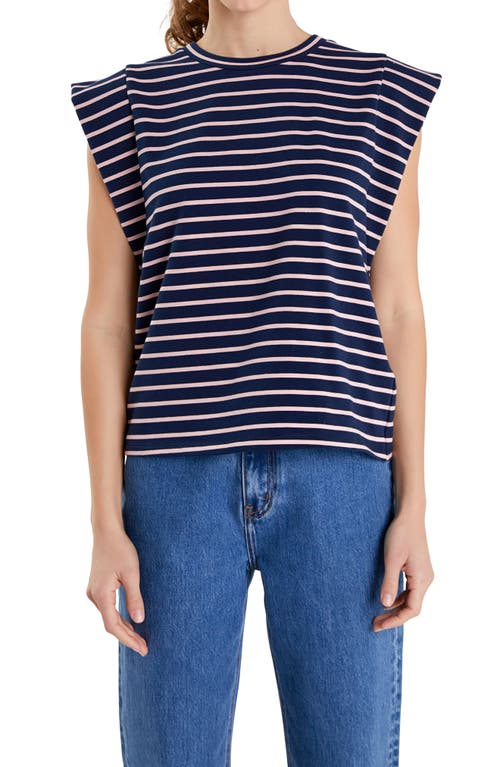 Shop English Factory Stripe Extended Shoulder T-shirt In Navy/pink