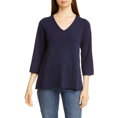 Petite Eileen Fisher V-Neck Merino Wool Top, Blue