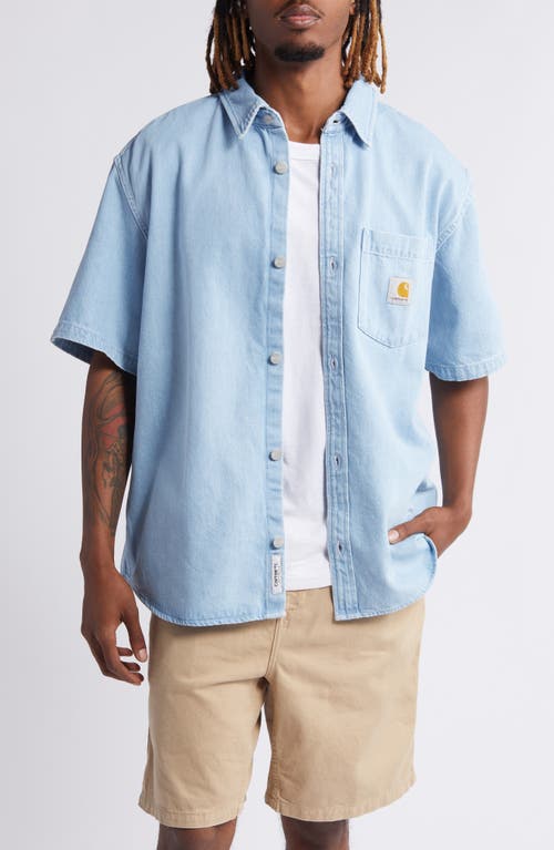 Ody Short Sleeve Denim Button-Up Shirt in Blue Stone Bleached