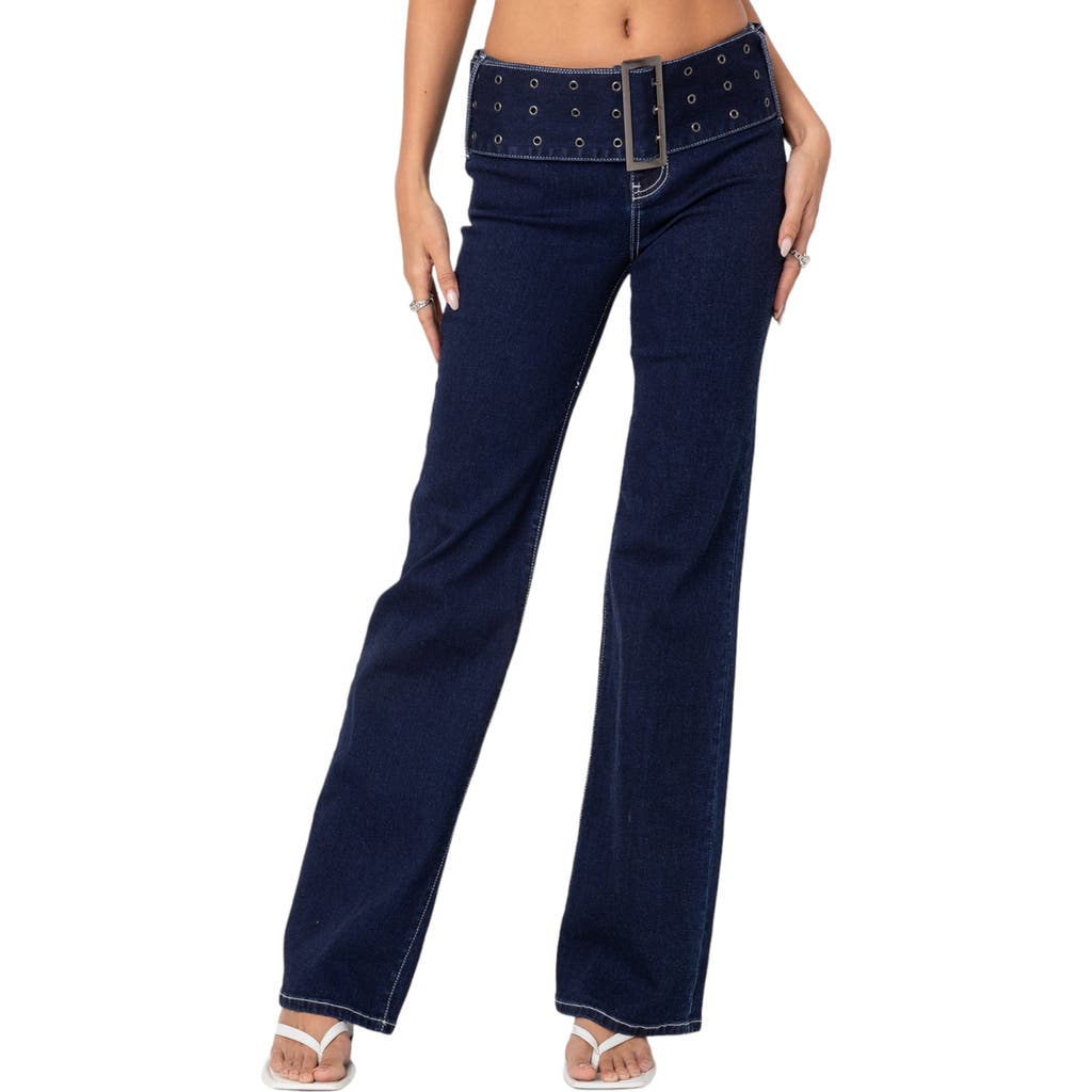 Shop Edikted Belted Flare Jeans In Indigo-blue-raw-wash