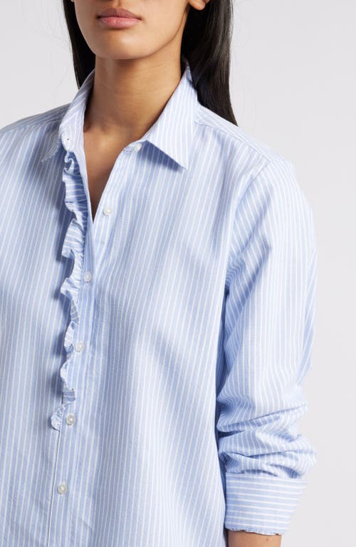 Shop Beachlunchlounge Emersyn Stripe Ruffle Trim Cotton Button-up Shirt In Russian Blue