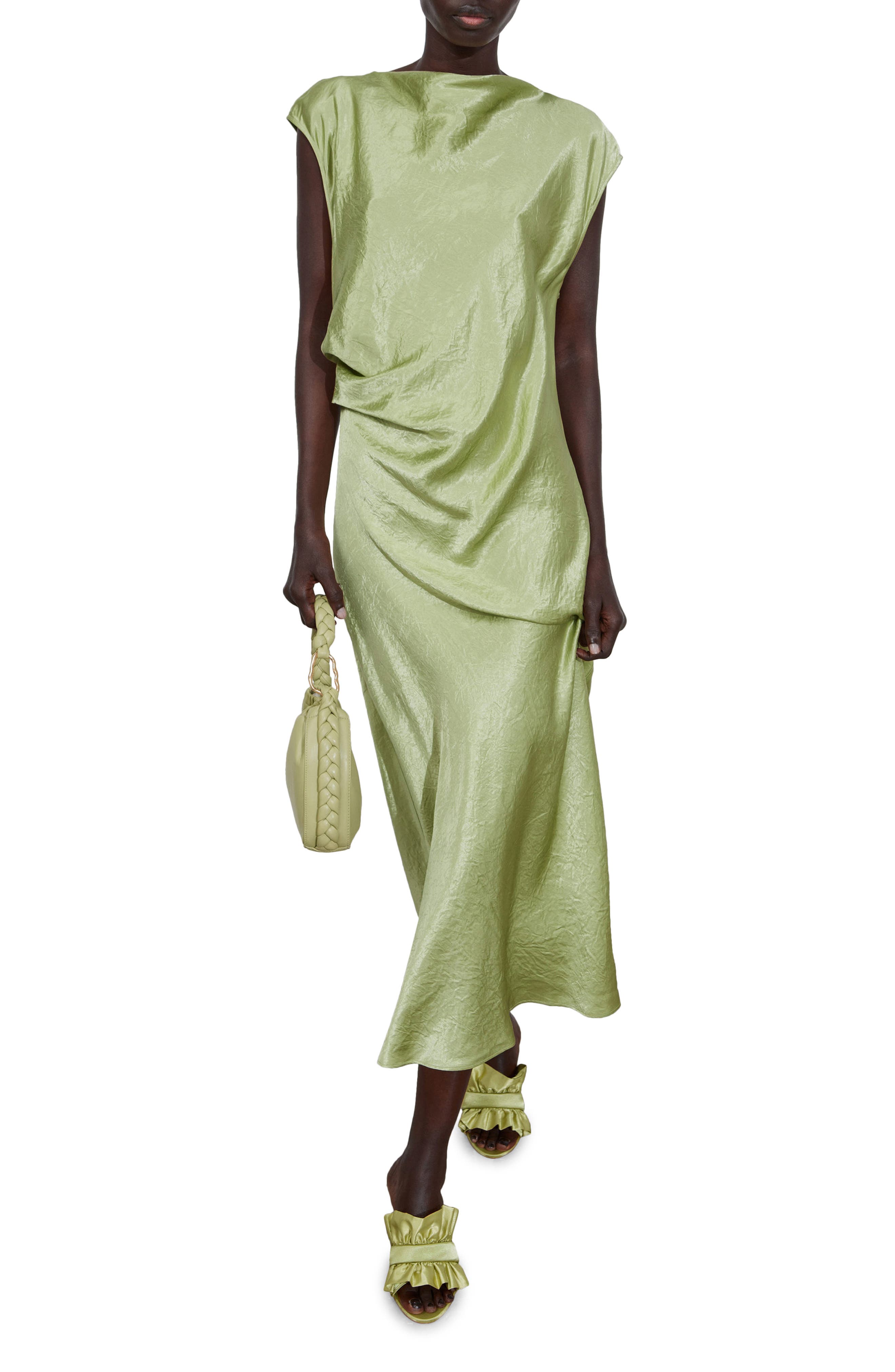 Other Stories & Other Stories Tania Cap Sleeve Satin Midi Dress in Green  Dusty Light | Smart Closet