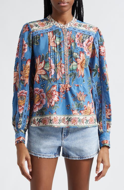 FARM Rio Wonderful Bouquet Floral Long Sleeve Button Front Top Blue at Nordstrom,