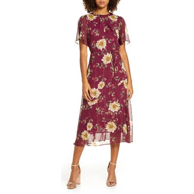 Chelsea28 Floral & Metallic Stripe Flutter Sleeve Midi Dress, Burgundy