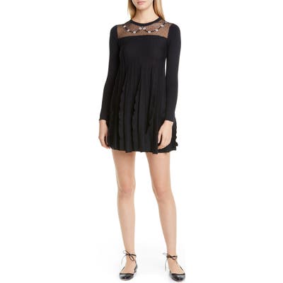 Red Valentino Illusion Yoke Ruffle Long Sleeve Wool Sweater Dress