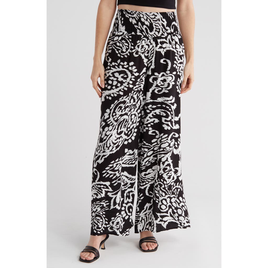 Philosophy By Rpublic Clothing Smocked Wide Leg Pants In Black/white Paisley