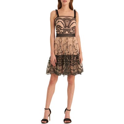 Ml Monique Lhullier Embroidered Mesh Fit & Flare Dress, Beige