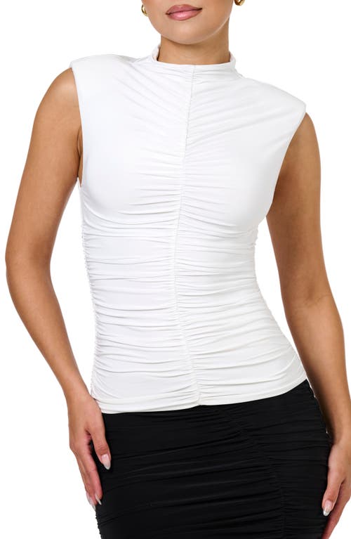 Hourglass Drama Shoulder Ruched Mock Neck Top in White