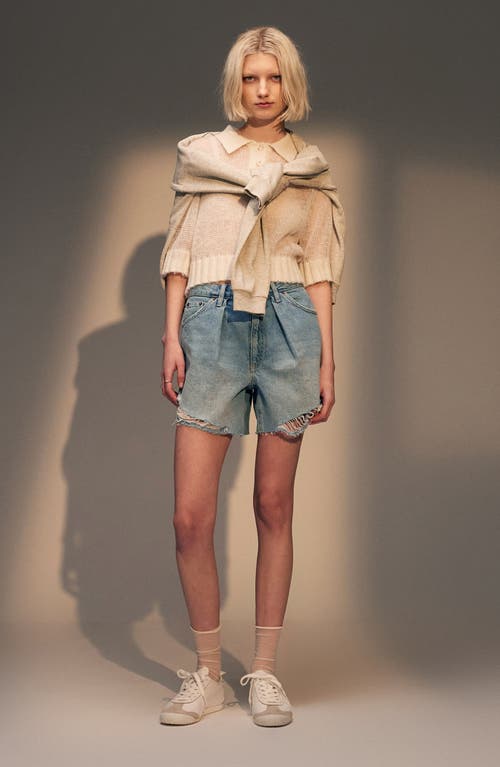 Pleated Denim Shorts in Light Blue