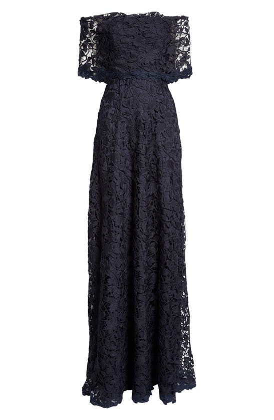 Shop Lela Rose Deedie Off The Shoulder Guipure Lace Gown In Navy