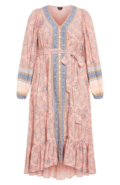 City Chic Clover Tie Belt Button Front Long Sleeve Maxi Dress In Peachy Border