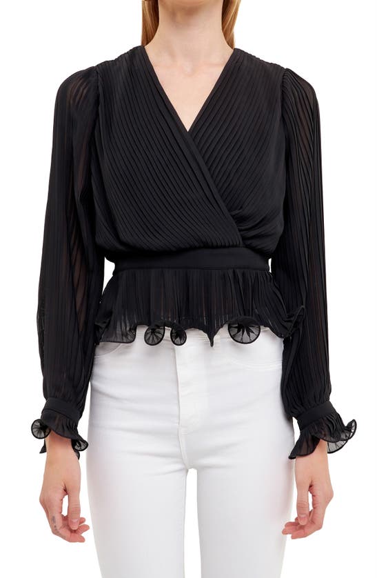 Shop Endless Rose Surplice Pleated Blouse In Black