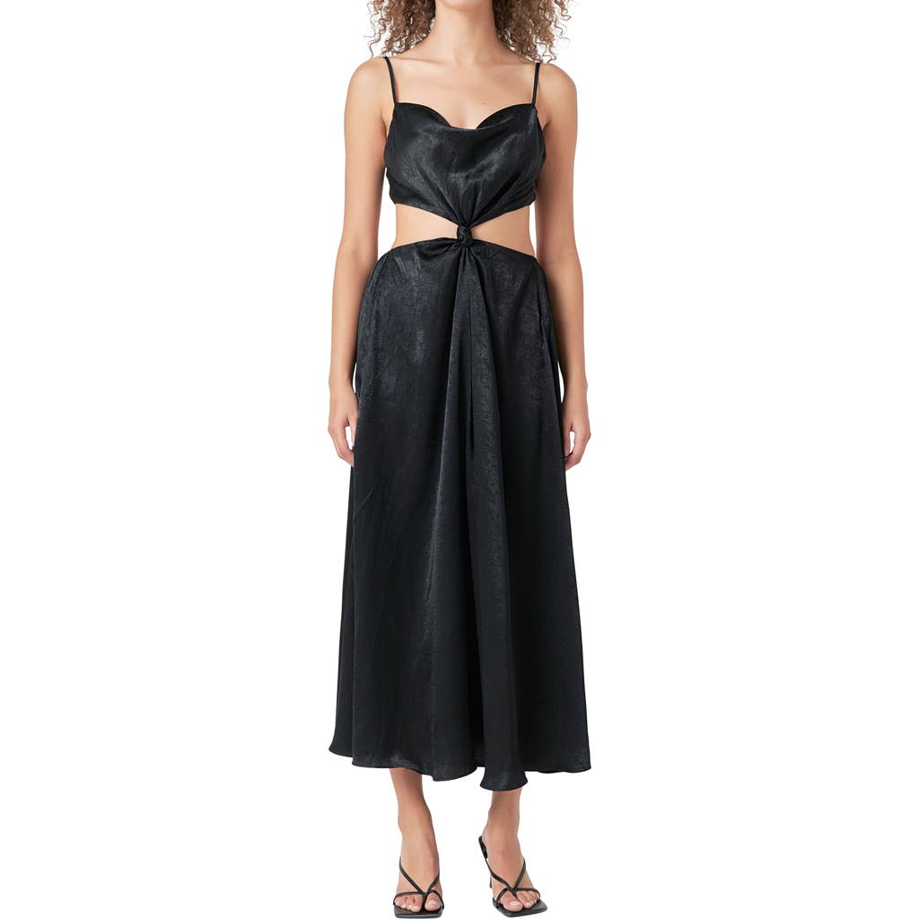 Endless Rose Front Twist Satin Midi Dress In Black