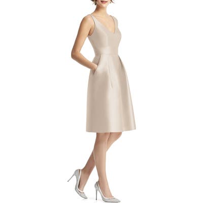 Alfred Sung V-Neck Satin Cocktail Dress, Beige