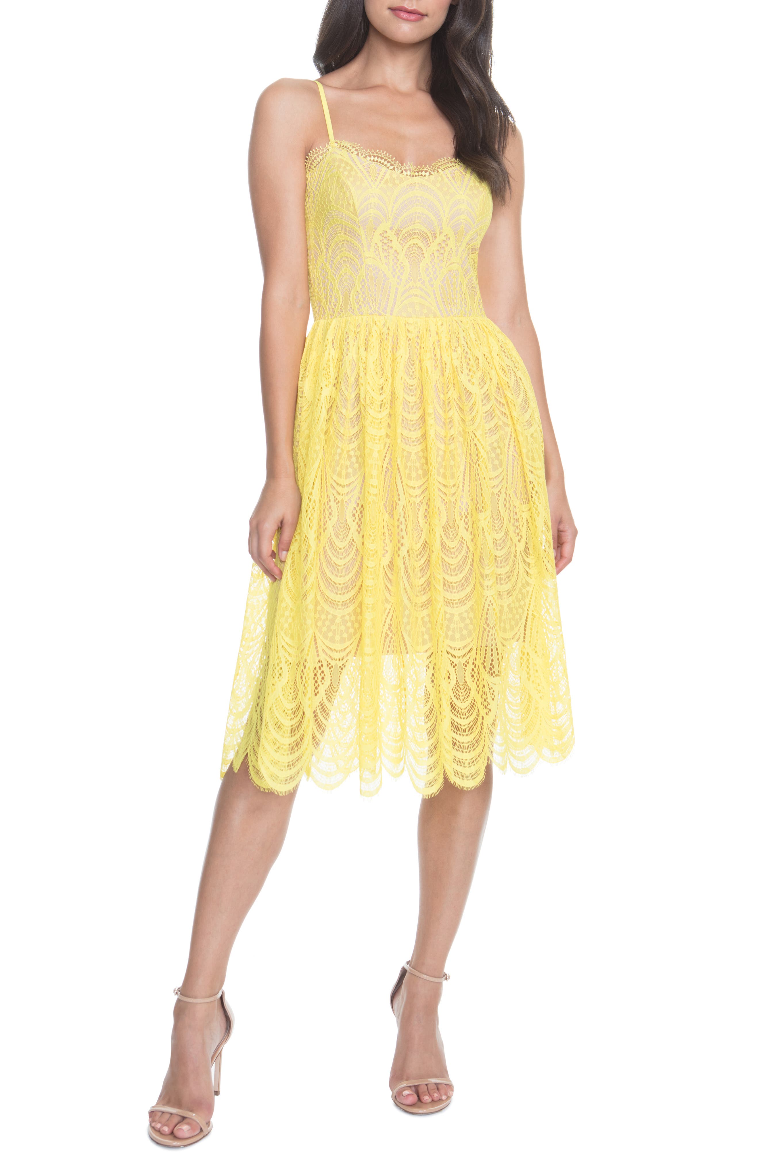 Dress The Population Francesca Embroidered Lace A-Line Dress, Yellow