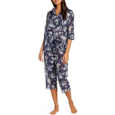 Papinelle Floral Print Cotton & Silk Crop Pajamas, Blue