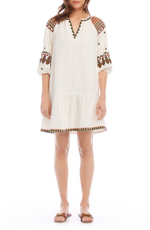 Embroidered Linen Blend Dress in White Multi Color