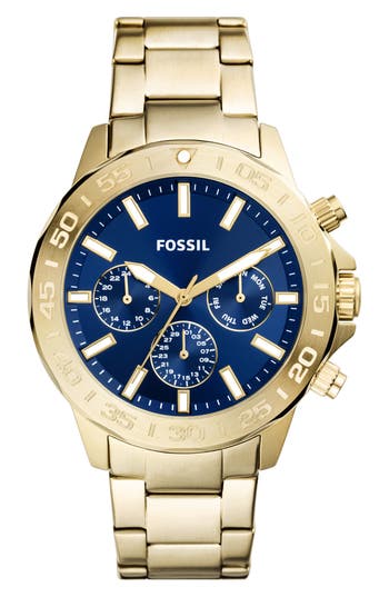 Shop Fossil Bannon Three-hand Quartz Stainless Steel Watch, 45mm In Gold/blue