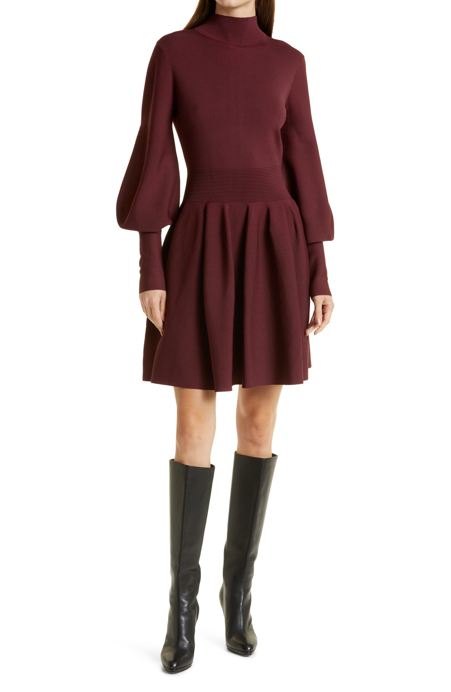 Burgundy Ted Baker dress with long balloon sleeves