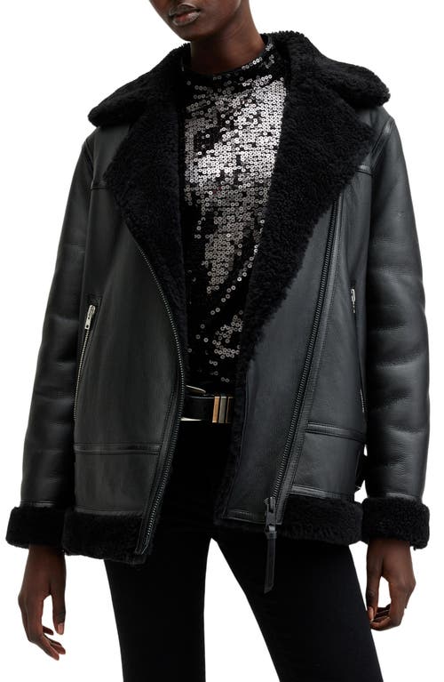 Shop Allsaints Sola Oversize Genuine Shearling Biker Jacket In Black