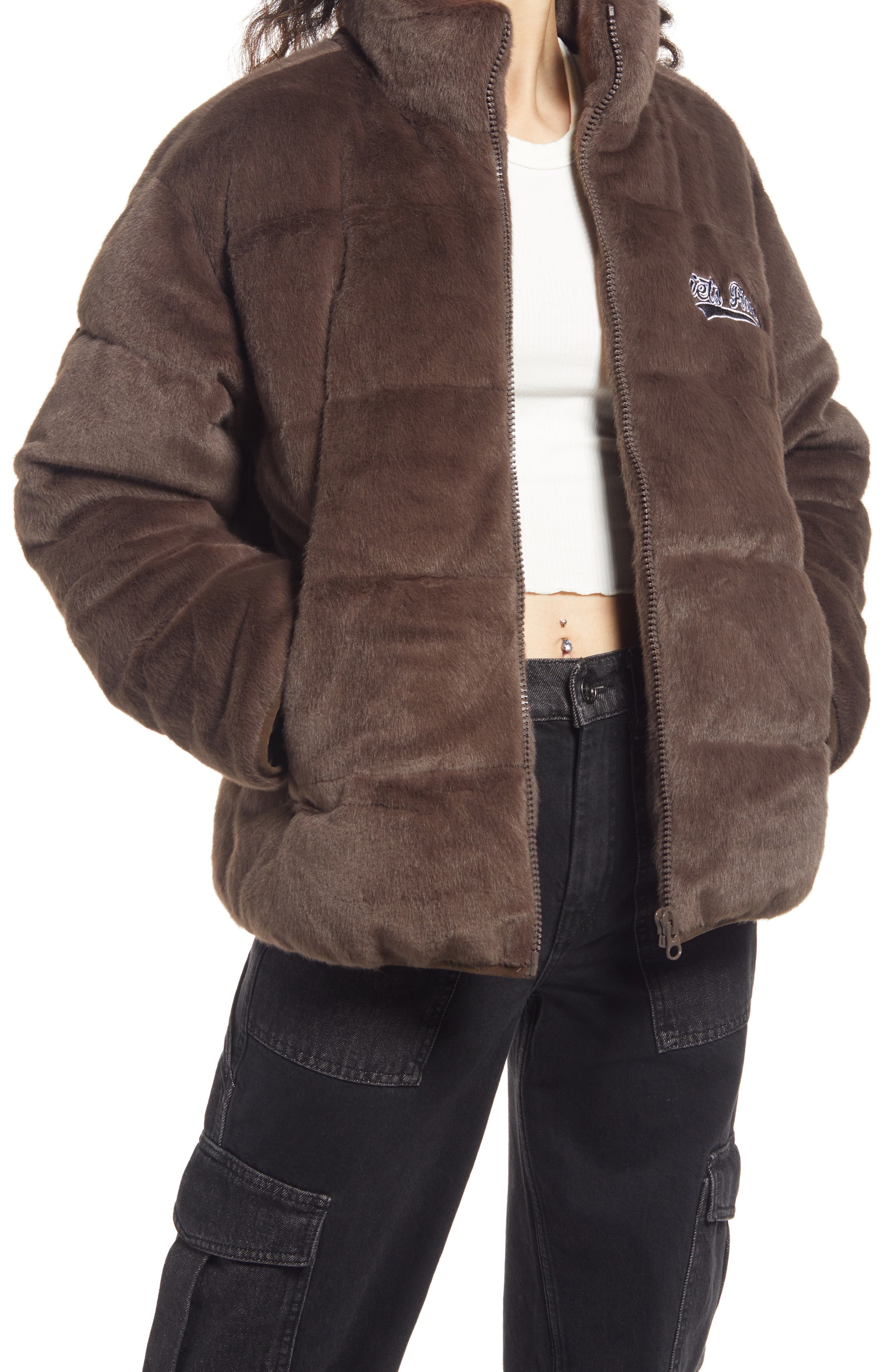 brown puffer jacket with fur hood