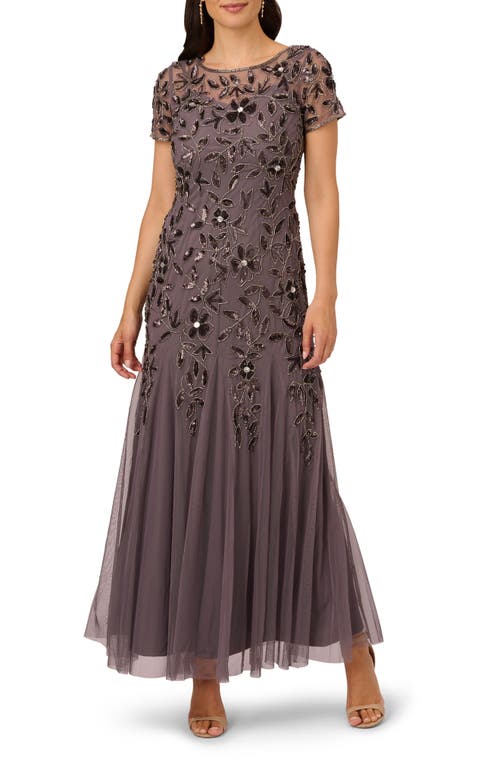 Shop Adrianna Papell Floral Embroidered Beaded Trumpet Gown In Moonscape