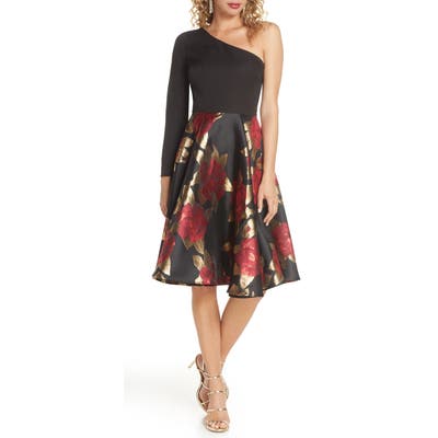 Chi Chi London Roslin One-Shoulder Metallic Jacquard Fit & Flare Party Dress, Black