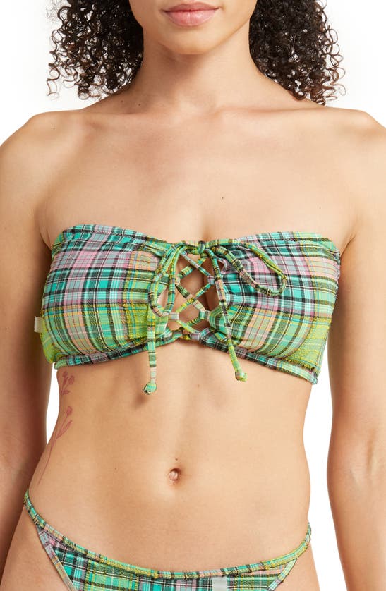 Ganni Recycled Seersucker Tie-front Bikini Top In Lagoon