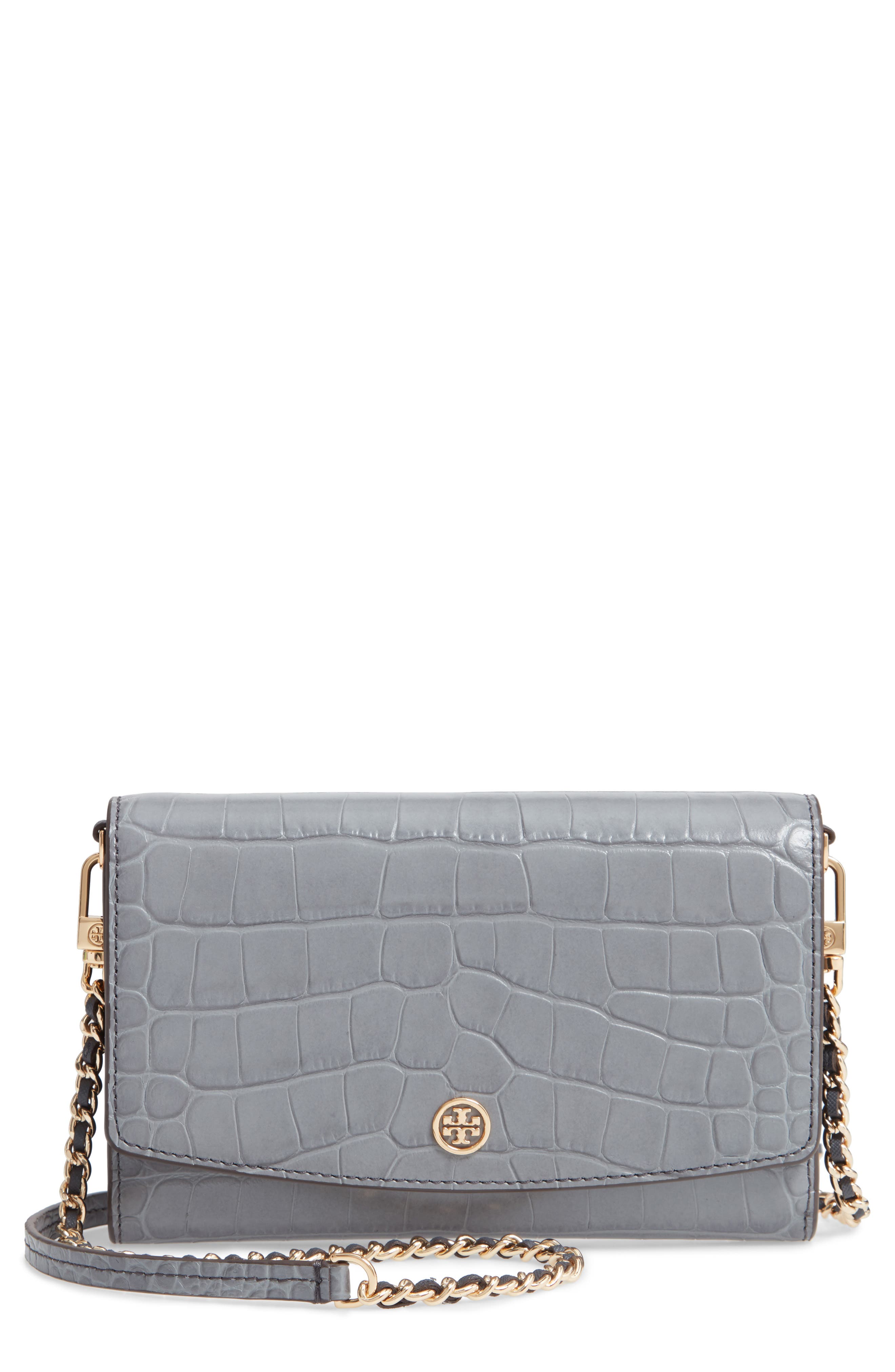 UPC 192485296211 product image for Women's Tory Burch Robinson Croc Embossed Leather Wallet On A Chain - Grey | upcitemdb.com