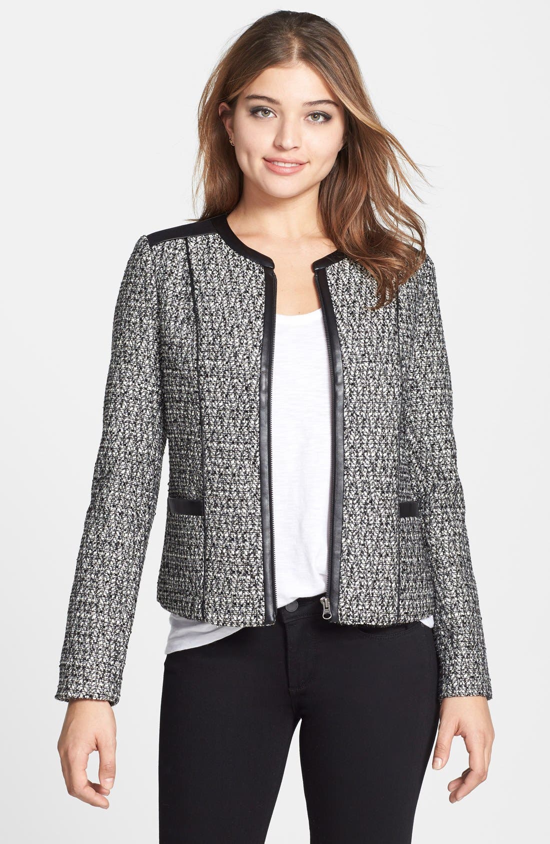 NYDJ Faux Leather Trim Tweed Jacket | Nordstrom