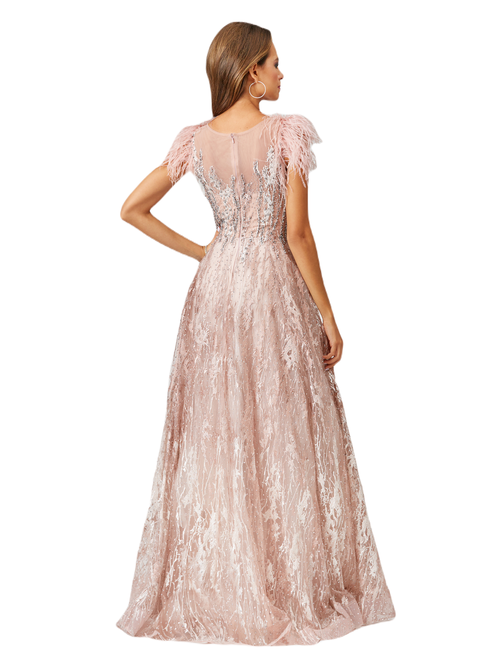 Lara New York Lace Ballgown With Feather Cap Sleeves In Blush