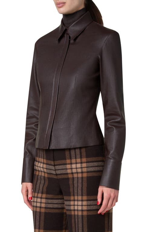 Shop Akris Leather Zip-up Shirt In Mocca