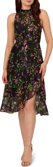 Tiered Floral Mock Neck Cocktail Dress