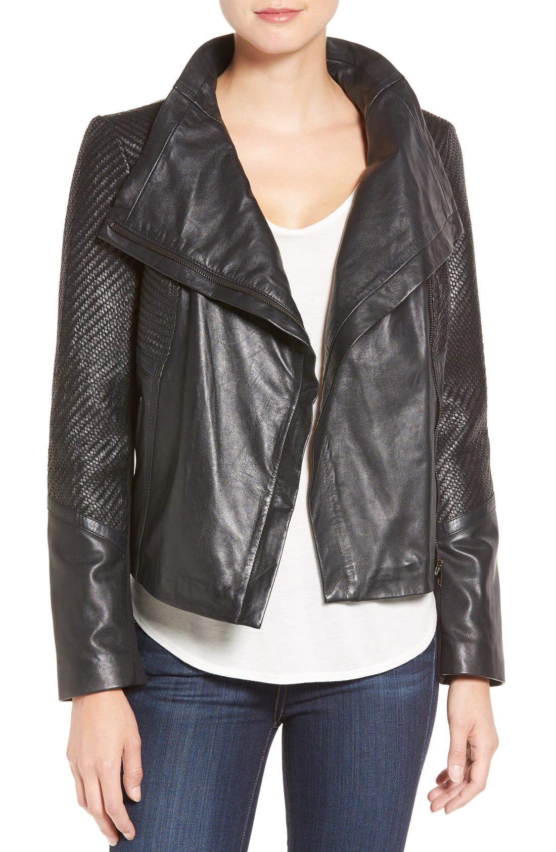 LAMARQUE Basket Weave Detail Lambskin Leather Jacket Nordstrom